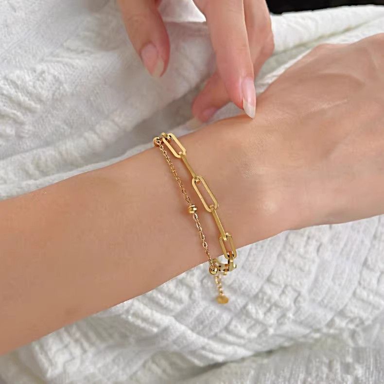 Mode paperclip kralen titanium staal voor vrouwen, niche high-end dubbellaags stapelarmband_voghion.com