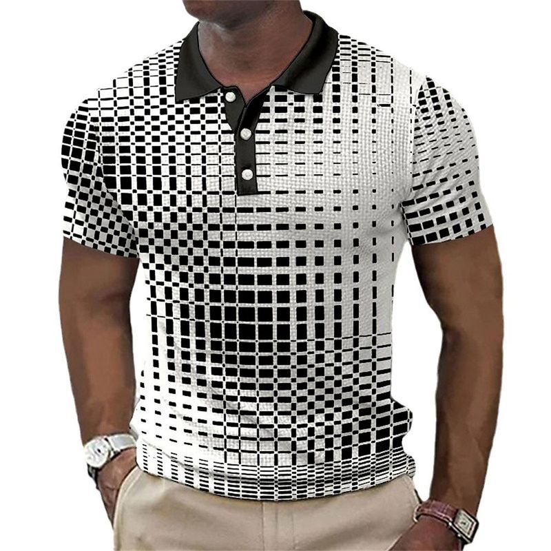 Polo estiva a quadri neri per uomo casual, modello oversize, a maniche corte_voghion.com
