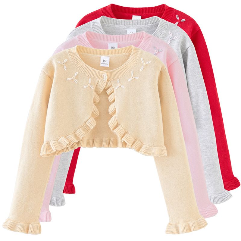 Handgehäkelte Strickjacke mit Blumenmuster für Babys und Kinder, weicher Strickpullover mit Rundhalsausschnitt, eleganter Prinzessinnen-Stil, Rot/Grau/Apricot – 90 cm bis 140 cm_voghion.com