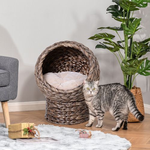 PawHut Handwoven Elevated Cat Bed With Soft Cushion & Cat Egg Chair Shape, Cat Basket Bed Kitty House With Stand, Raised Wicker Cat Bed For Indoor Cats, 23.5" H, Gray_voghion.com