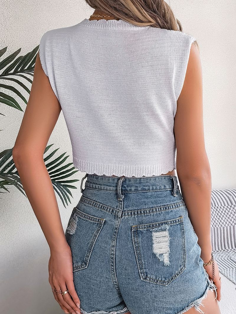 Top corto in maglia con motivo a foglie cave, stile Ins, per le vacanze, primavera estate, moda donna_voghion.com