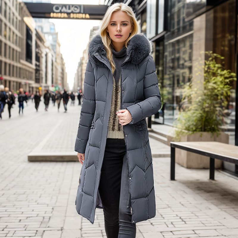 Giacca imbottita in cotone di grandi dimensioni alla moda da donna lunga versione coreana vita sopra il ginocchio giacca imbottita in cotone con collo in pelliccia grande ispessita_voghion.com