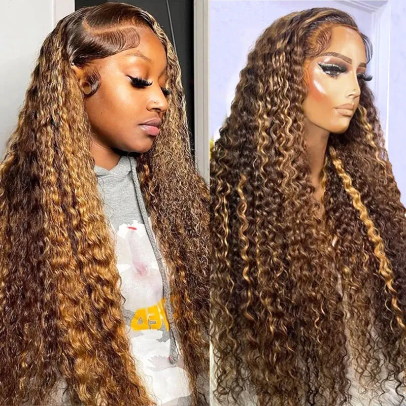 Highlight Ombre Farbige Lace Front Echthaar Perücke 30 Zoll Curly Tpart Deep Water Wave Frontal Perücken für Frauen_voghion.com