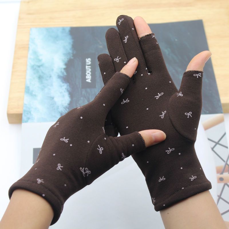 plush Lined Warm Half Two Fingers Touch Screen Female Students Writing Fingerless Work Gloves_voghion.com