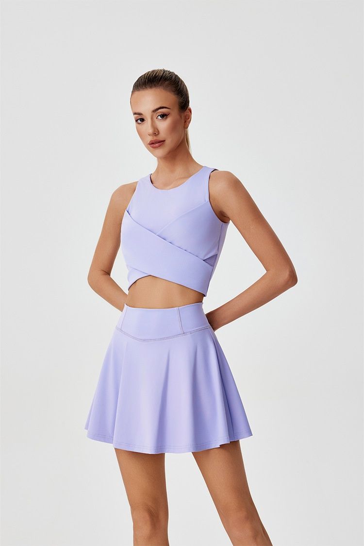 001 Set da yoga transfrontaliero a strati incrociati, canotta sexy senza schienale, gonna corta da fitness ad asciugatura rapida, abbigliamento sportivo da corsa all'aperto per_voghion.com