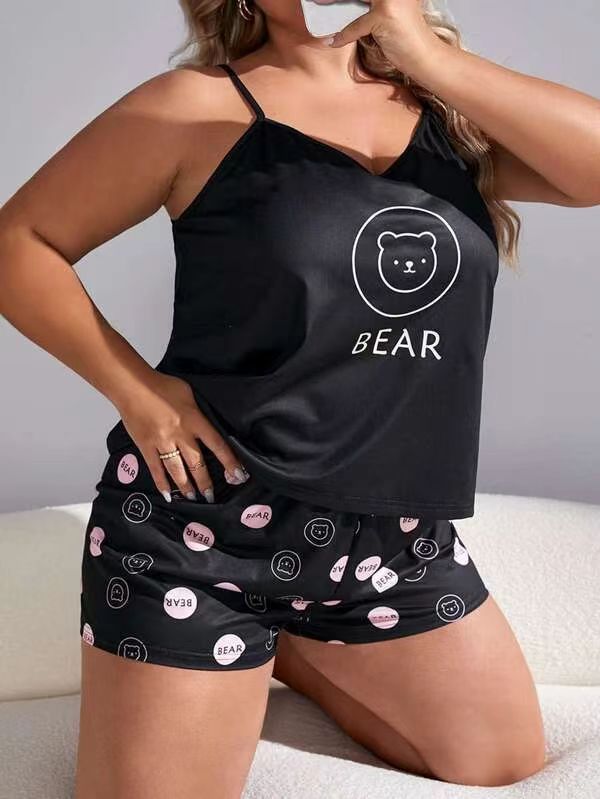Pyjama décontracté grande taille pour femme - Débardeur et short sans manches à imprimé anime - Tissu en soie douce et laiteuse - Haute élasticité_voghion.com