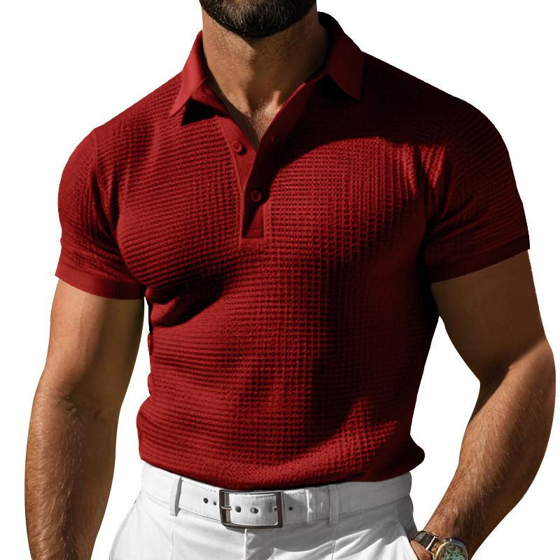 24 Polo Shirt Short Sleeve Summer Plus Size Turn-down Collar Button Slim Fit Waffle Texture Men's T-Shirt_voghion.com