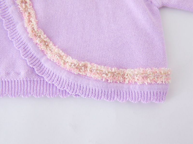 Cardigan élégant en tricot d'inspiration victorienne pour mère et enfant, avec bordure en dentelle, léger et doux, en mélange de coton (blanc-rose/blanc-noir/violet-rose)_voghion.com