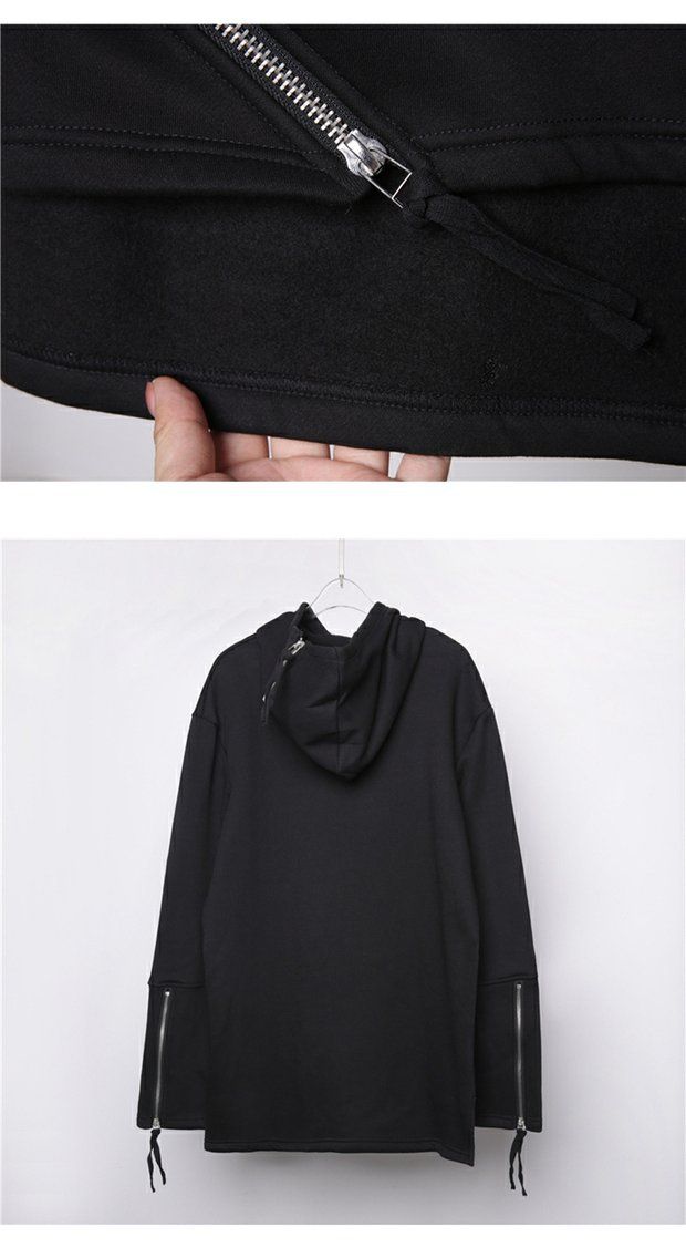Felpa con cappuccio e cerniera da uomo Dark Aesthetic con design asimmetrico, foderata in pile, vestibilità oversize, stile streetwear_voghion.com