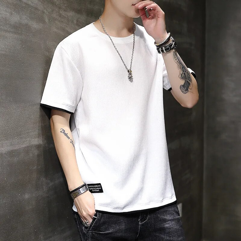 T-shirt corta da uomo estate 2024 in cotone e lino, set di abbigliamento in seta ghiacciata abbinato a un bel top a mezza manica di tendenza_voghion.com