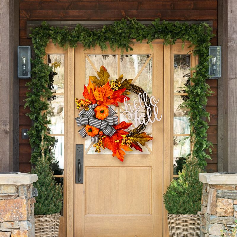 Cross-border Autumn Bow Artificial Garland Harvest Festival Pumpkin Berry Rattan Circle Thanksgiving Decorative Wall Hanging_voghion.com
