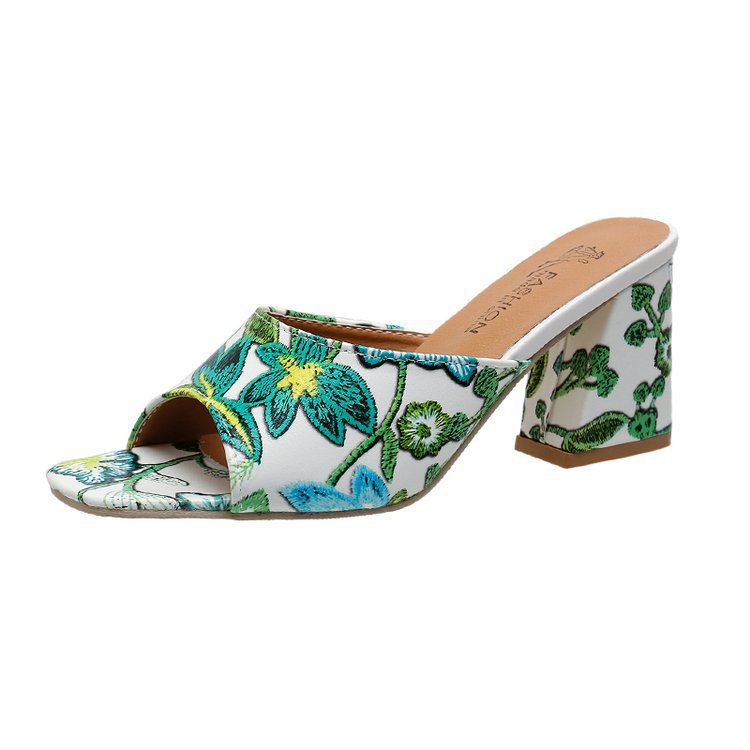 Plus Size Chunky Pantoffels Zomermode Bedrukte Buiten Vierkante Teen Hoge Hak Sandalen Voor Vrouwen_voghion.com