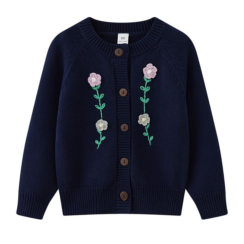 Handbestickte Strickjacke für Mütter und Kinder, für Kleinkinder und kleine Mädchen, weicher Baumwollpullover mit offener Vorderseite und Blumenmuster (90–140 cm, Weiß/Marineblau/Rot)_voghion.com