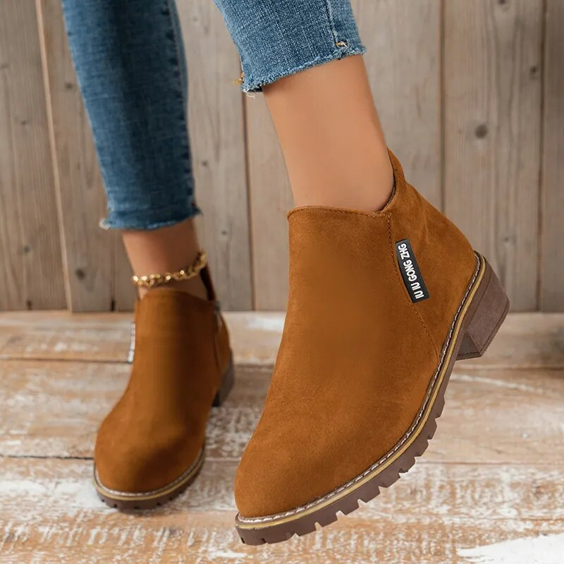SHLIANG Herbst Seitlicher Reißverschluss Kurze Stiefel Weibliche Niedrige Stiefel Rutschfeste Frosted Wildleder Schuhe Frauen Stiefelette s0267_voghion.com