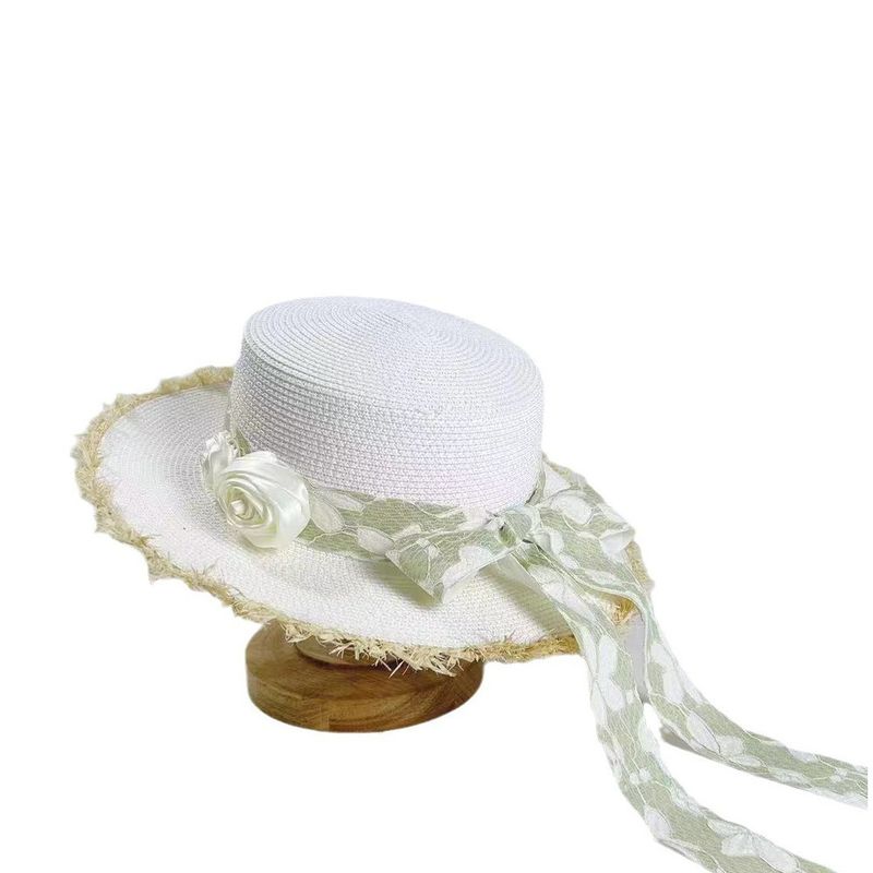 2024 Nuovo Francese Rosa Nastro Verde Bordo Ragged Flat Top Cappello di Paglia di Estate delle Donne di Modo di Viaggio Tesa Grande Cappello di Protezione Solare_voghion.com