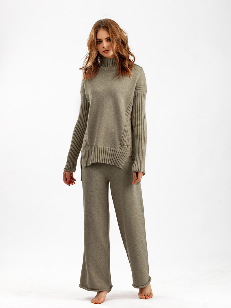 Conjunto de suéter estilo ocidental da moda feminina, calças de pernas largas, conjunto de duas peças_voghion.com
