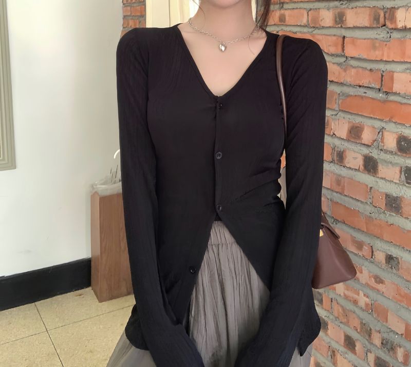 Tanek ledeno svilen kardigan za sončenje za ženske poleti 2024, z novim temperamentom V-izreza, nišnega slim kroja,_voghion.com