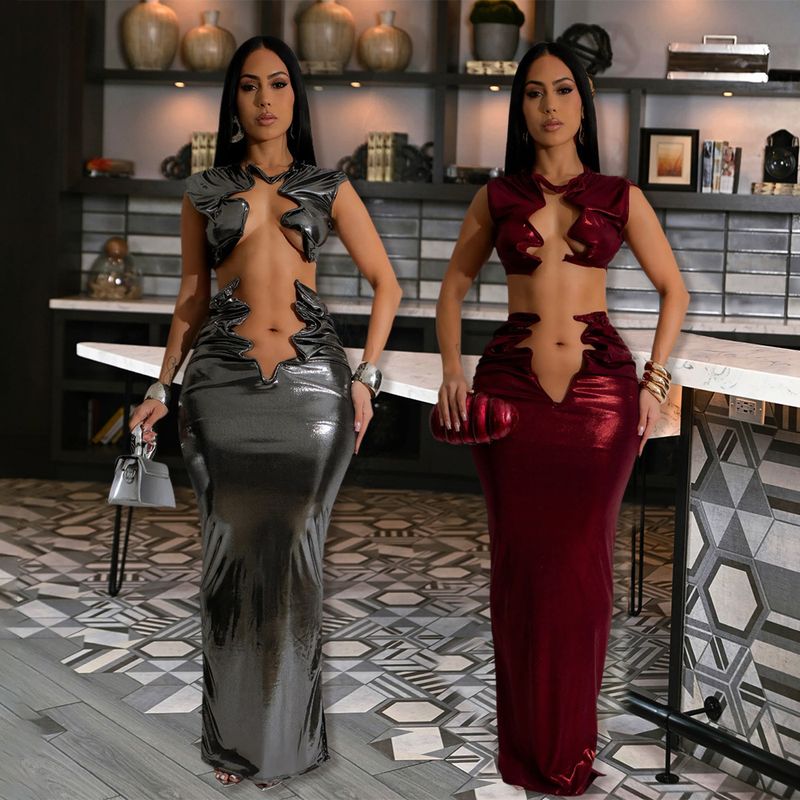 Sexy ärmelloses Crop-Top mit Maxirock-Set – elegantes monochromes zweiteiliges Outfit für Damen_voghion.com