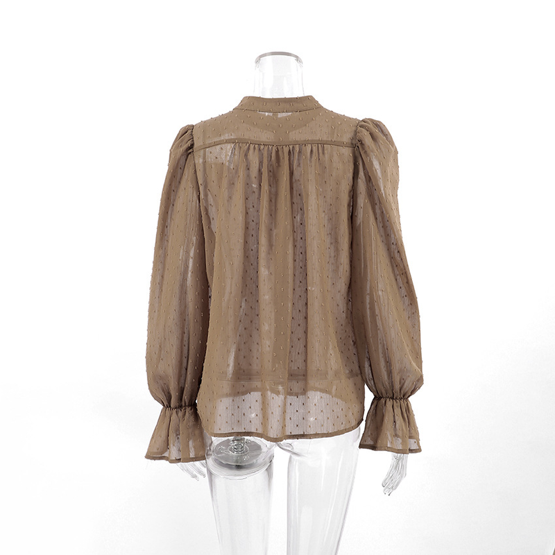 Camicia da donna in chiffon jacquard moda temperamento francese, nicchia femminile, camicetta con maniche a sbuffo e volant allentato_voghion.com