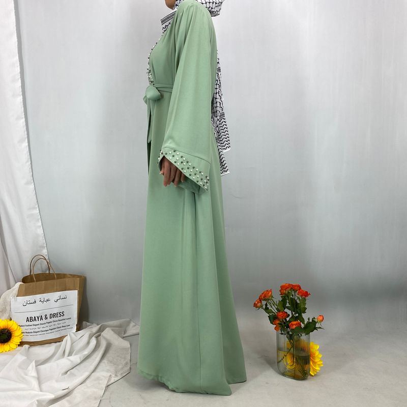 Neueste muslimische Abaya islamische Mode Frauen Perlen Kimono Robe bescheidenes Kleid lange elegante Strickjacken Kleidung vorne offen Abaya_voghion.com