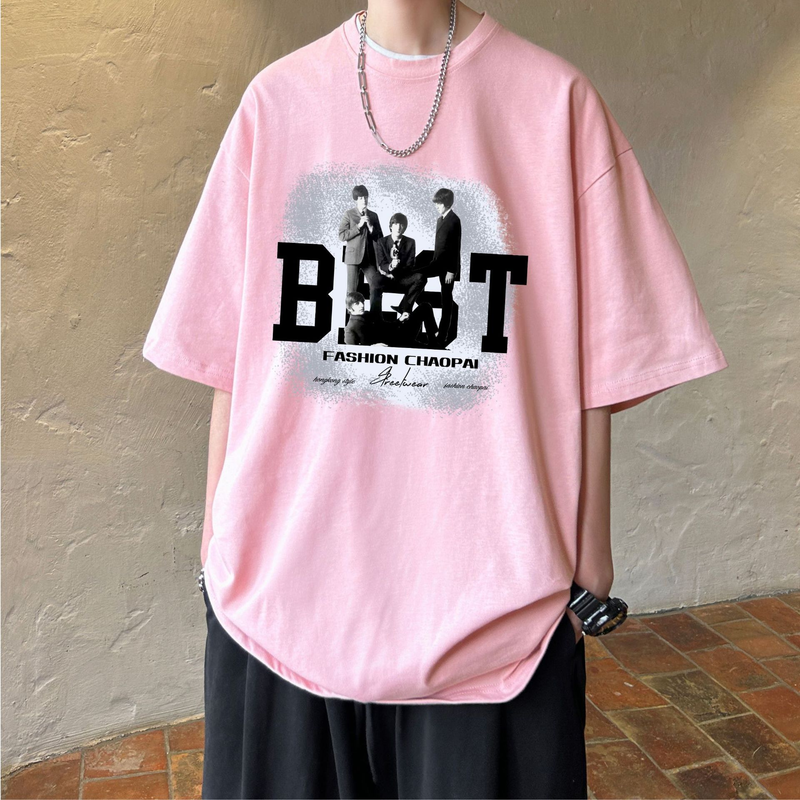 T-shirt stagionale personalizzata in puro cotone a maniche corte da uomo con stampa di lettere a cinque maniche e mezzo, casual e alla moda, personalizzata in stile Hong Kong_voghion.com