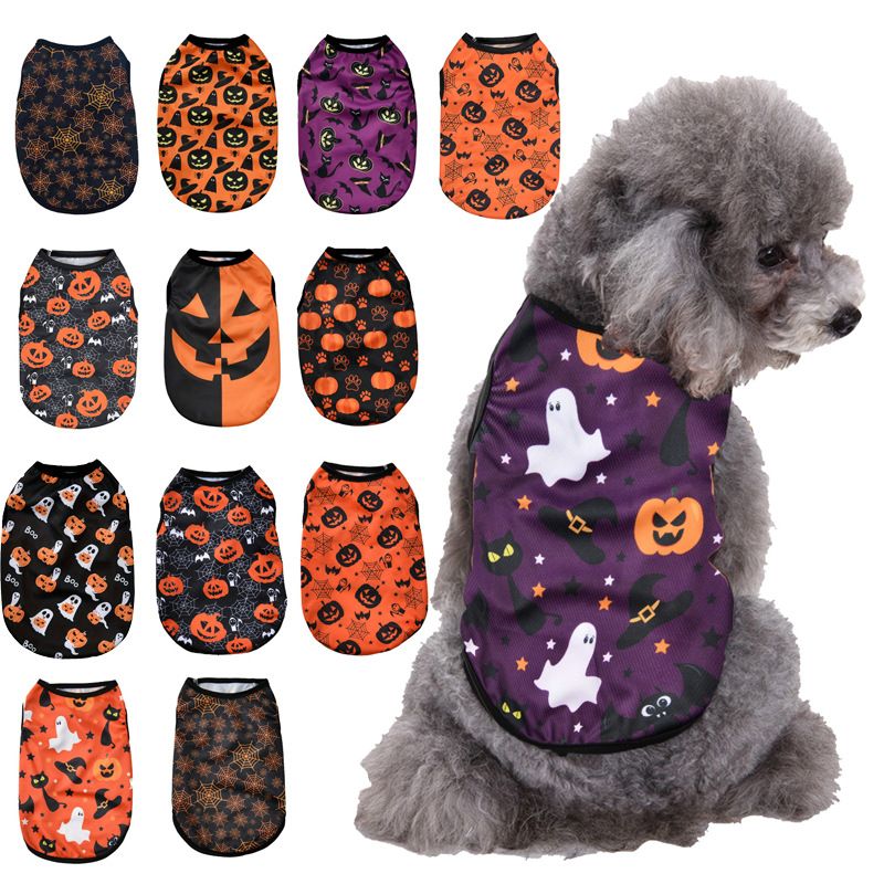 New Summer Sun Protection Vest Halloween Pumpkin Print Small And Medium Dog Cat Pet Clothes_voghion.com