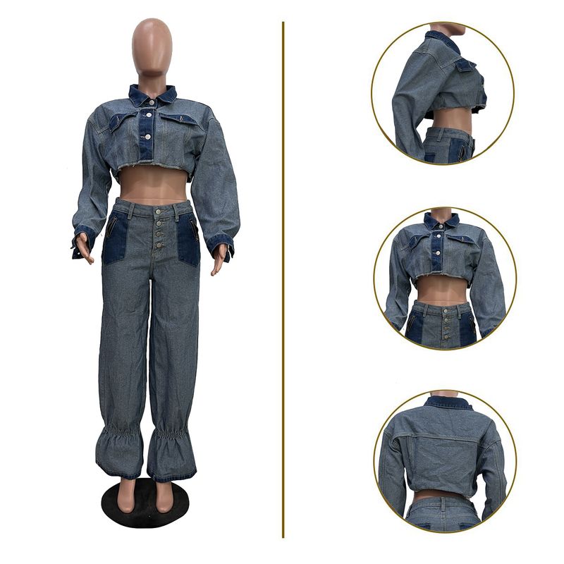 Ubrania damskie Casual Kolor Dopasowany Denim Garnitur_voghion.com
