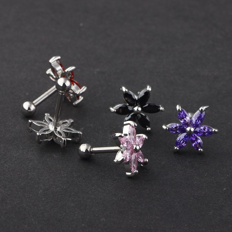 Stainless steel titanium steel metal thread set zircon six petals small ear nail ear bone nail jewelry piercing jewelry_voghion.com