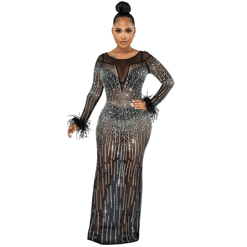 Damenmode-Nachtclub-Party mit Diamant-Damen-Mesh-Perspektive, langärmeliges Kleid, Damenkleid_voghion.com