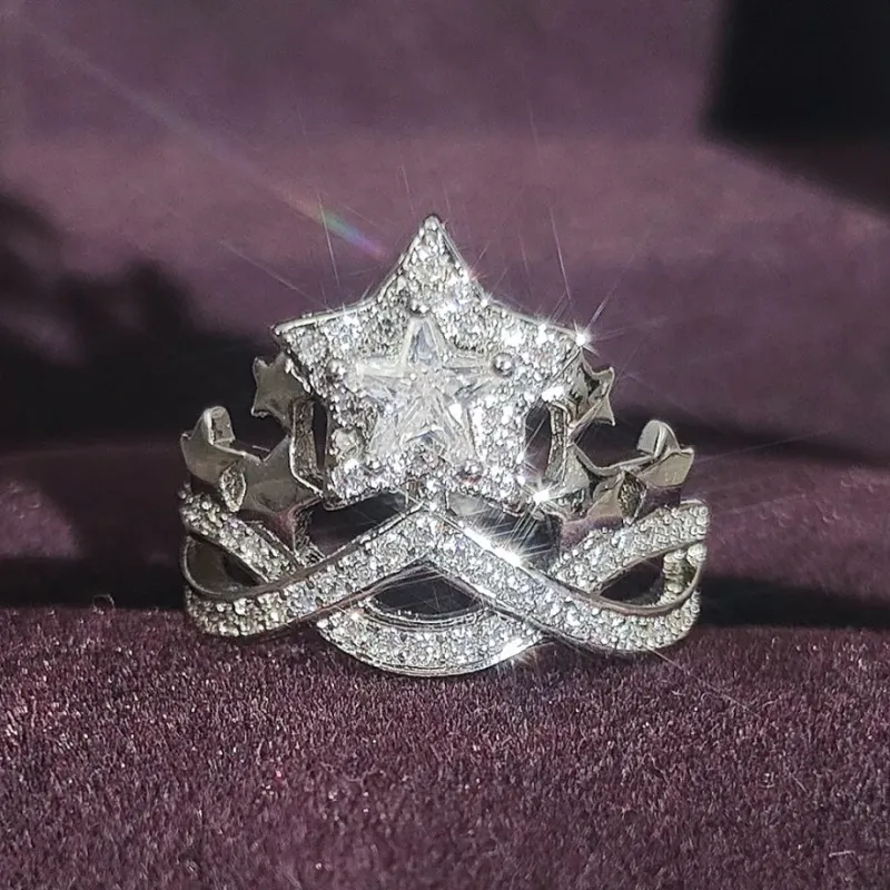 Desinger Luxu Star Rings Inlaid Zircon Shiny Silver Plated GirlS Full Diamond Pattern Brass Ring Party Jewel_voghion.com