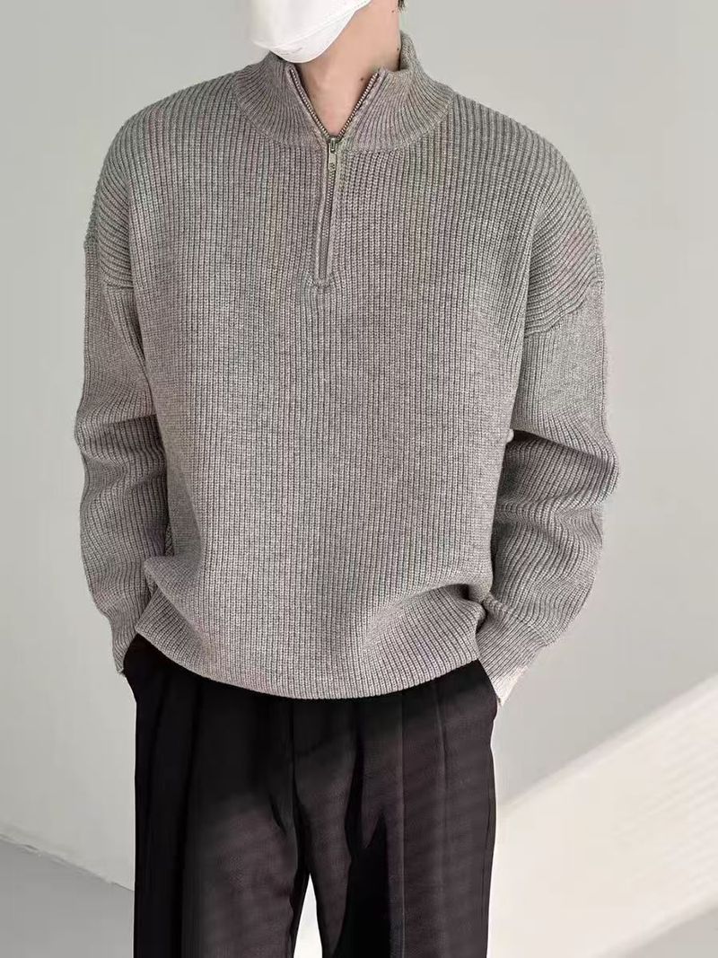 Maglione casual da uomo con mezza zip e collo alto, traspirante, lavabile in lavatrice, elasticizzato (bianco, grigio, nero, blu)_voghion.com