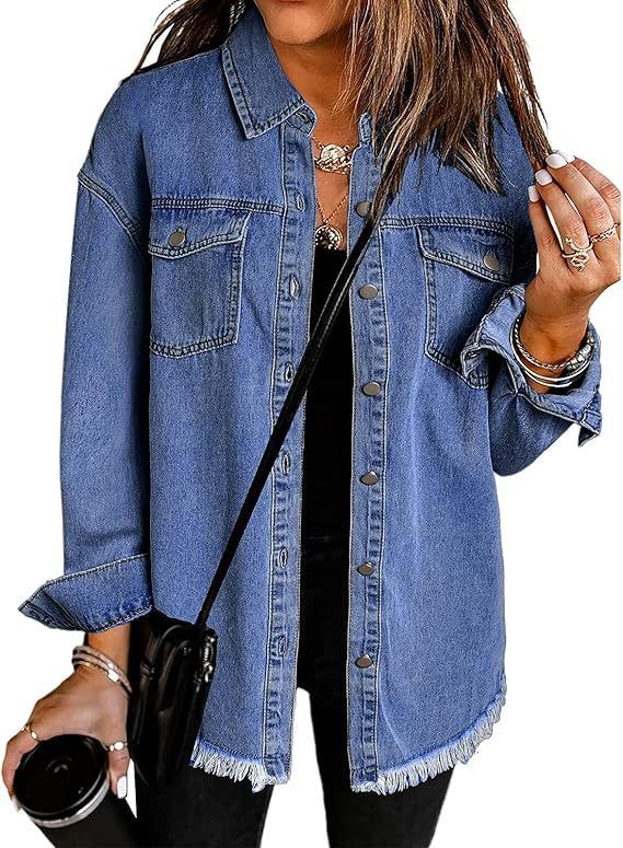 Giacca in denim leggera da donna, camicia abbottonata a maniche lunghe, cappotto casual ampio con tasche_voghion.com