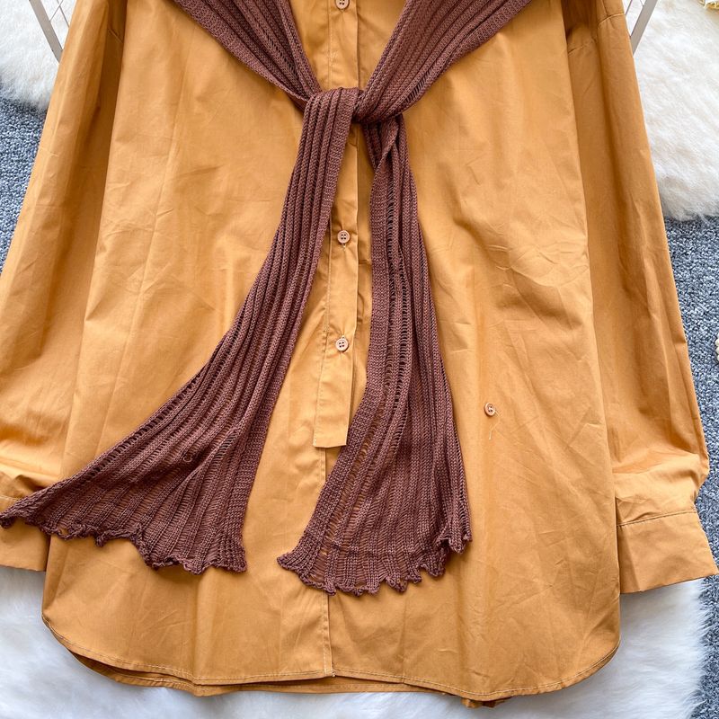 Oversized Shirt & Knit Shawl Two-Piece Set - Loose Fit Long Sleeve Blouse With Layered Chic_voghion.com