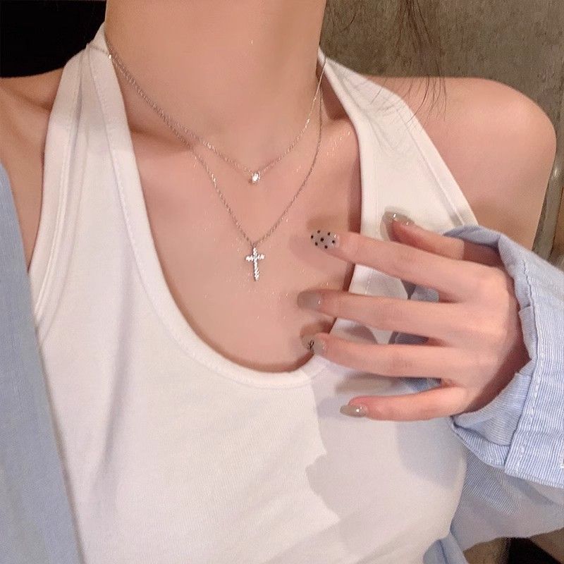 Titanium Steel Non-Fading BM Style Shiny Zircon Cross Necklace Accessory For Women Light Niche High-End Clavicle_voghion.com