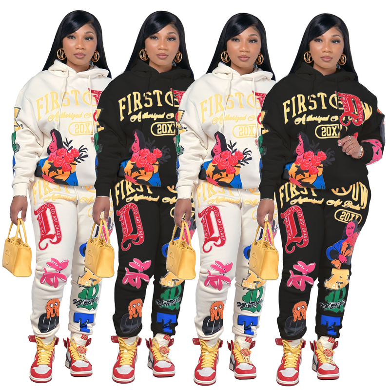 Women's Fashion Casual Printed Autumn And Winter Long-sleeved Sweatshirt Two-piece Set_voghion.com