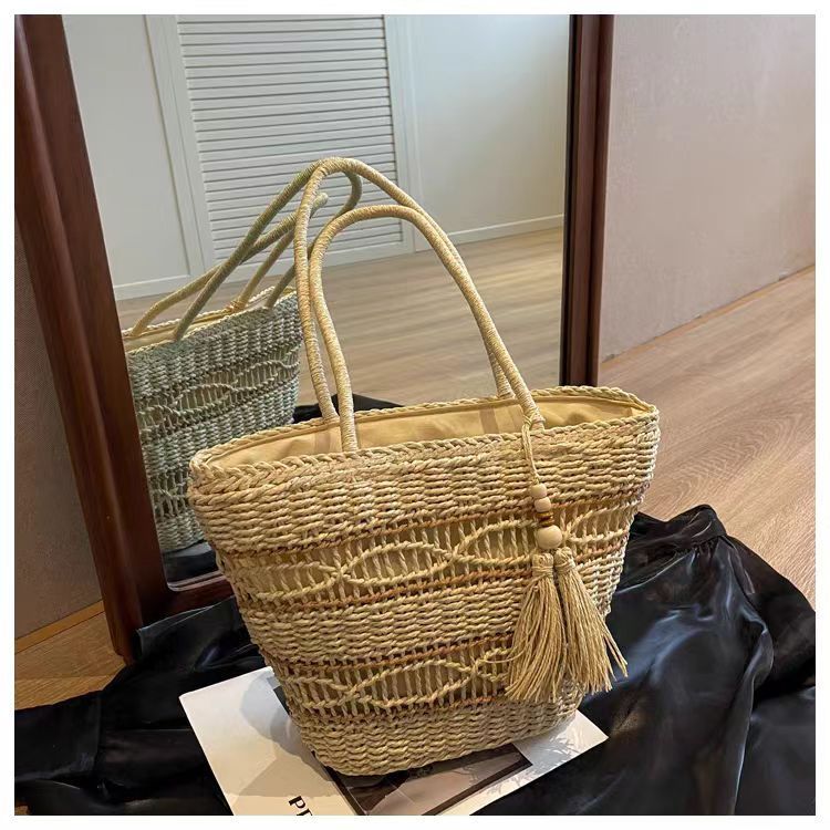 Hollow out paper rope woven bag, fashionable one shoulder grass woven bag, casual women's bag, beach bag with large capacity_voghion.com