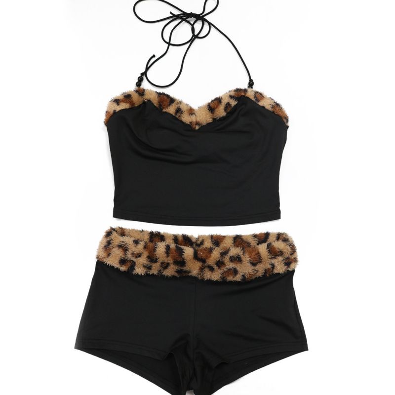 Leopard Print Two-Piece Set Women's Sexy Tie-Front Crop Top & Mini Skirt_voghion.com