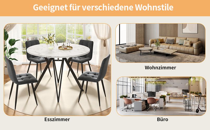 5-teiliges Esstisch-Set Mit Runder Tischplatte (Ø100 Cm), Schwarze Metallbeine, MDF-Marmoroptik, Graue Leinenstühle_voghion.com