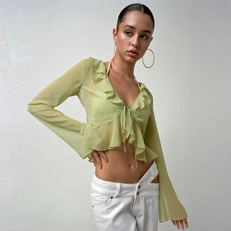 2023 Sommer-heißer Verkauf New Wood Ear Schnürung mit tiefem V-Ausschnitt Langarm Transparent Top Damenbekleidung_voghion.com