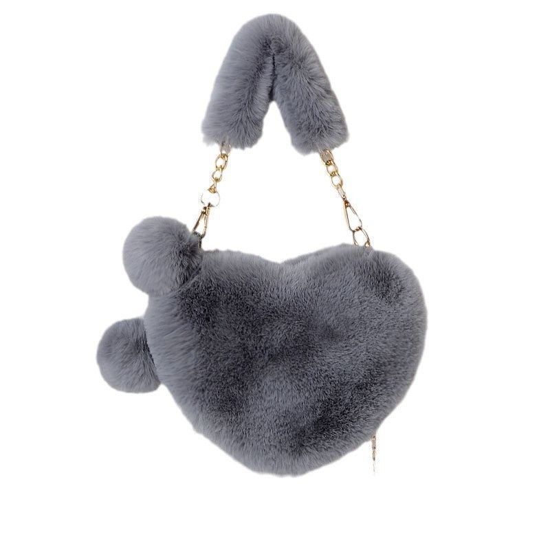 Süße Herzform für Damen, Pelzkettenhandtasche, Pfirsich-Herz-Umhängetasche für Kinder, Plüschtasche_voghion.com