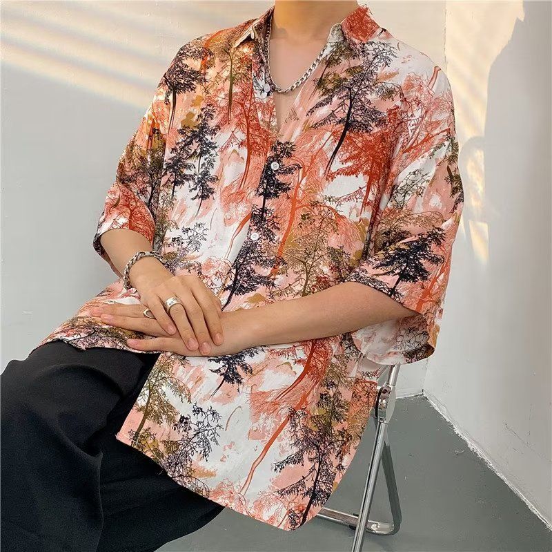 Camicia da spiaggia a maniche corte da uomo con stampa floreale, stile hawaiano, stile coppia, ampia e alla moda_voghion.com