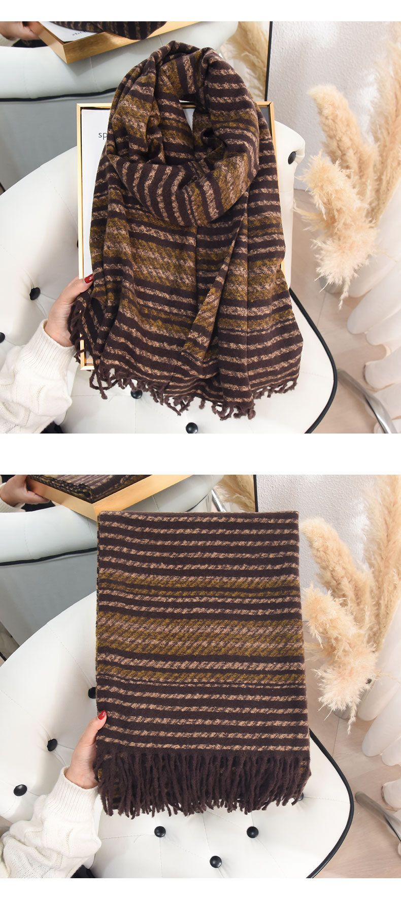 Korean Retro Design Striped Color Blocked Scarf With High-end And Trendy Fashion Women's Cashmere Warm Scarf_voghion.com