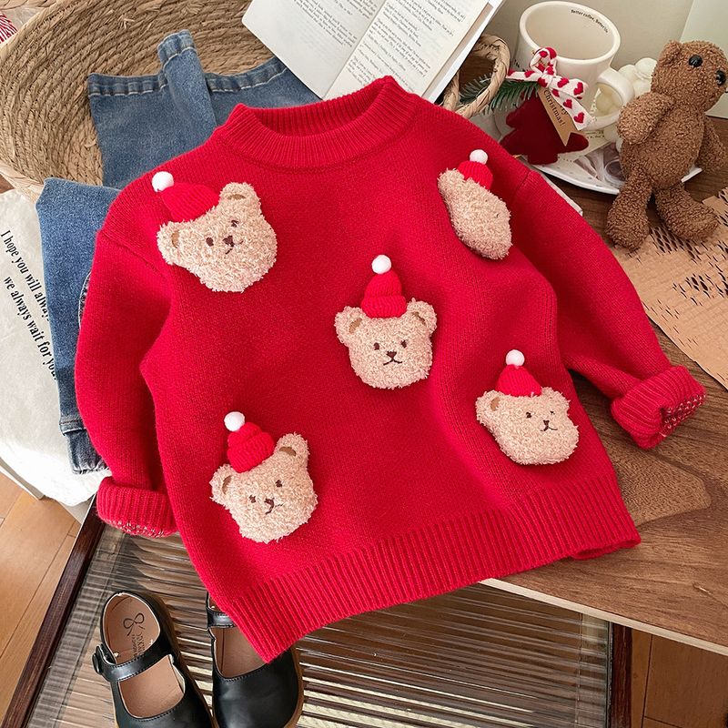 Weihnachtspullover für Kinder mit Patchwork-Stickerei, dicker Puppenpullover, Winter 2024, neuer Rundhalsausschnitt, warmes Strickoberteil für Mädchen, trendig_voghion.com