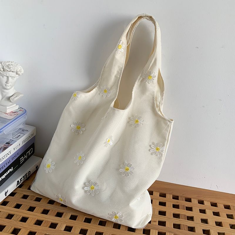 Borsa da viaggio in tela con piccola margherita ricamata, stile fresco e di grande capacità, in rete artistica per studenti_voghion.com