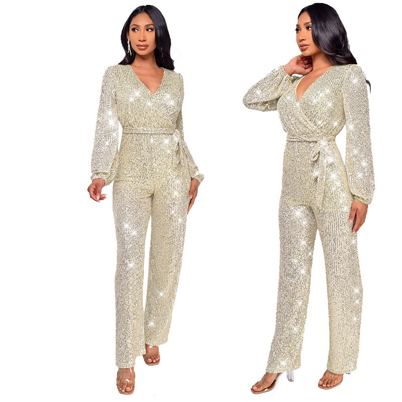 Damkläder Ins Style Deep V Mode Casual Jumpsuit Långärmat Bälte Paljett Jumpsuit Dam_voghion.com