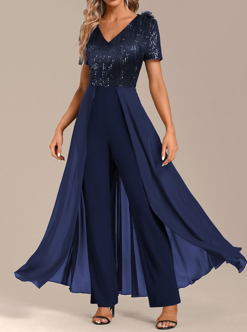 Tuta da donna in chiffon con paillettes e cuciture, colore puro e temperamento_voghion.com