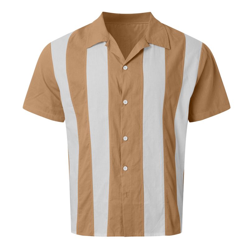 CT 2025 Summer Color Block Striped Patchwork Short Sleeve Men's Loose Casual Cuban Collar Shirt Trend_voghion.com
