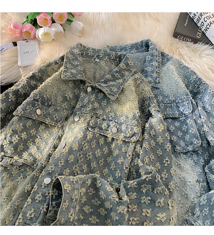 Herrenbekleidung Modemarke Retro Washed Distressed Jacquard Jeansjacke Lockere, lässige, vielseitige Paarjacke mit Volldruck_voghion.com