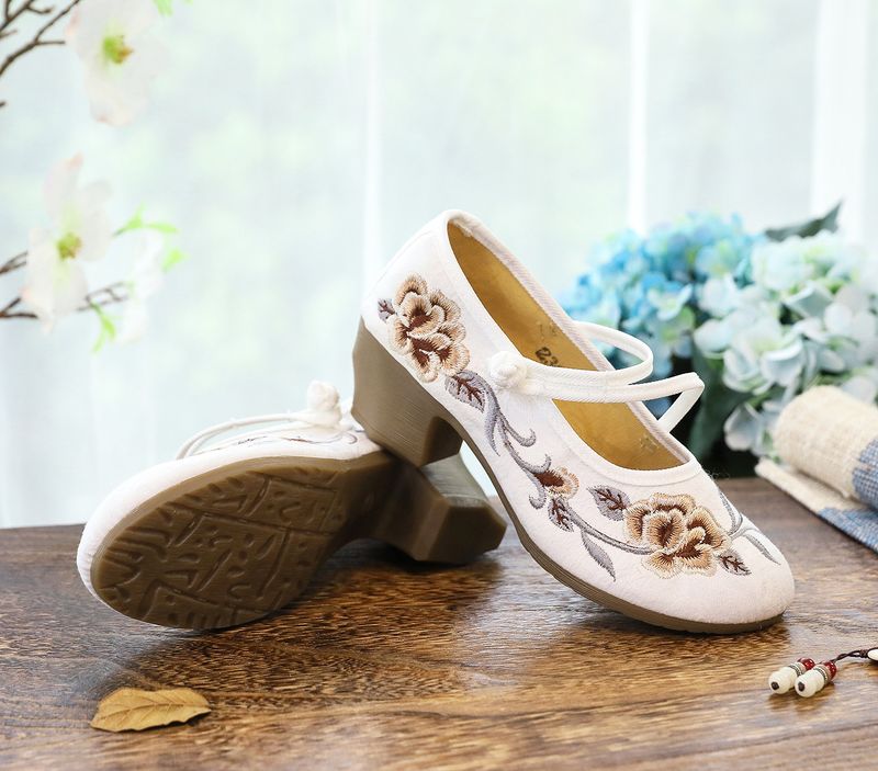 Scarpe da ballo Mary Jane in tessuto ricamato da donna, con tacco alto e spesso, con tacco quadrato singolo_voghion.com