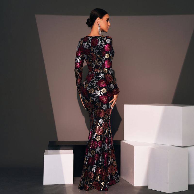 Damenbekleidung Abendkleid Langarm Temperament Rundhals Sexy Schlank Lange Pailletten Bankett Brautjungfernkleid Kleid Weiblich_voghion.com